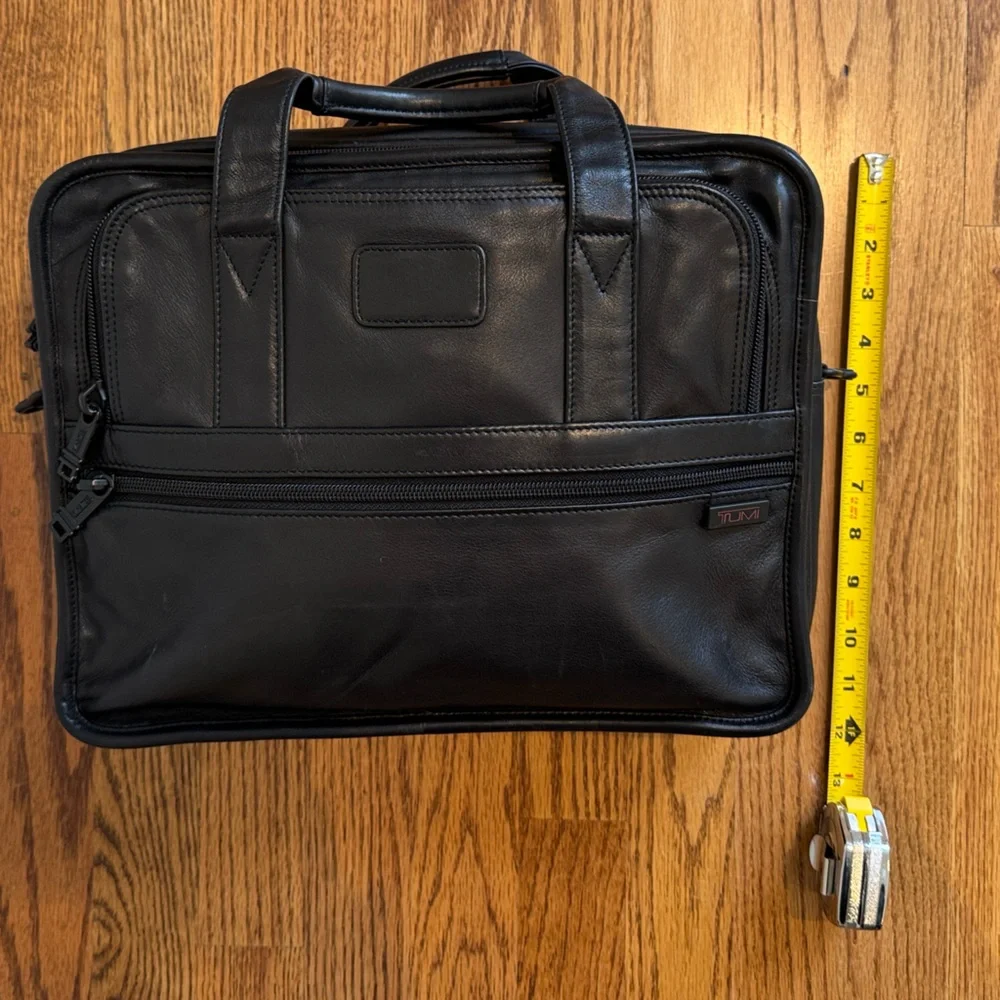 TUMI | Alpha Leather Briefcase | Black Multi-Zip Laptop Bag | OS